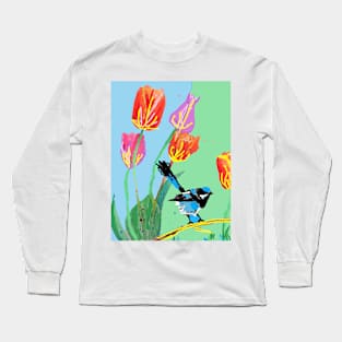 Abstract Blue Wren and Tulips Painting - on Blue and Light Green Long Sleeve T-Shirt